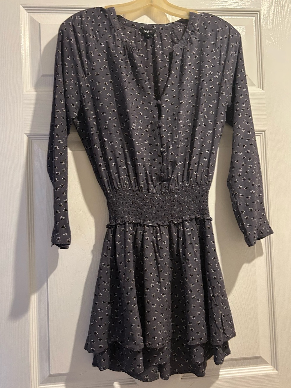 Rails Charcoal Long Sleeve Smocked Waist Mini Dress with Star Print
